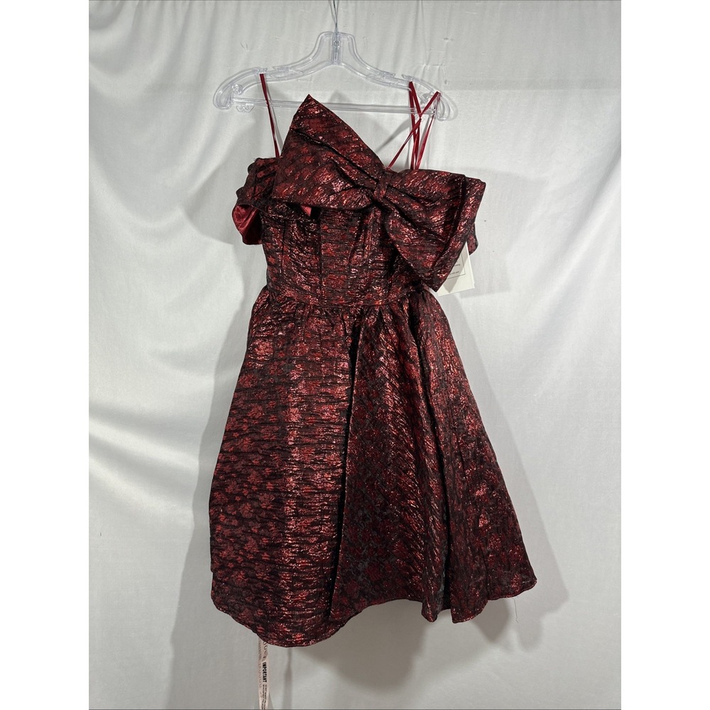 NWT Mac Duggal [ 8 ] 68622 Brocade Off The Shoulder Mini Dress in Ruby Red J1732 - Picture 6 of 12